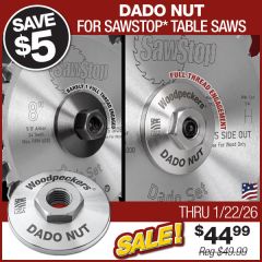 SawStop standard arbor washer and nut beside Dado Nut. Standard nut barely engages shaft. Dado Nut fully engages shaft.