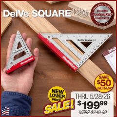 Both sizes of the DelVe Square SS. The larger is resting on a board with a 45-degree mark made. The smaller is resting in the palm of the user's hand.