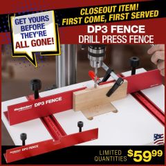 DP3 Fence on Drill Press Table with stock clamped to fence and operator drilling a mortise. 
