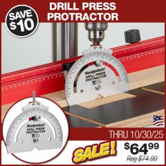 Drill Press Protractor installed in drill press with angle adjusted to 10-1/2°.
