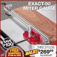 Exact-90 Miter Gauge on table saw cross-cutting hardwood lumber. 
