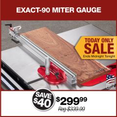 Exact-90 Miter Gauge on table saw cross-cutting hardwood lumber. 
