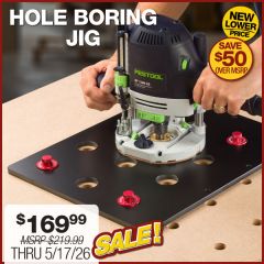 Hole Boring Jig in use creating 20mm holes on 96mm centers with plunge router.