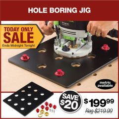 Hole Boring Jig in use creating 20mm holes on 96mm centers with plunge router. 
