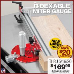 Making 15° miter cut on table saw with in-DEXABLE Miter Gauge.
