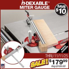 Making 15° miter cut on table saw with in-DEXABLE Miter Gauge.

