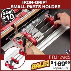 Iron-Grip Small Parts Holder with 3/4" hardwood cutting drawer front profile.