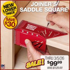 Using the laser-engraved scales on the edge of the Joiner’s Saddle Square to mark a dimension.