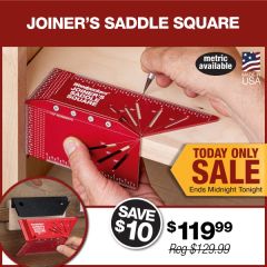 Using the laser-engraved scales on the edge of the Joiner’s Saddle Square to mark a dimension.