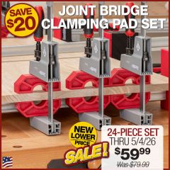Joint Bridge clamping pads aligning joint faces on a 4-section panel glue-up