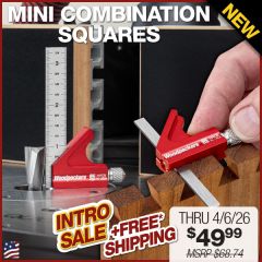 Mini Combination Square shown with 1/4" blade checking dovetail and 1/2" blade setting router bit height.   