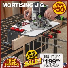 Woodpeckers Mortising Jig clamped to a workbench with various mortise and loose tenon stock on the workbench. 