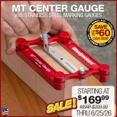 MT Center Gauge resting on a board with finished mortise and tenon cuts strewn on the workbench.