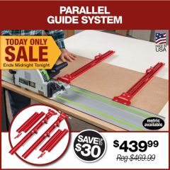 Woodpeckers Parallel Guide System attached to Festool guide rail and track saw.
