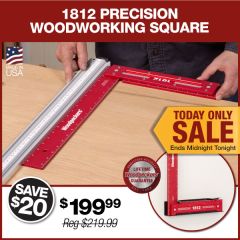 Woodpeckers 1812 and 2616 Precision Woodworking Squares resting on a mahogany board. 