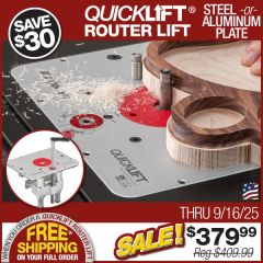 QuickLift HDS in router table with table insert wrench securing insert.
