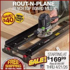Rout-N-Plane Bench Top Board Mill in use with palm router surfacing an end grain cutting board.