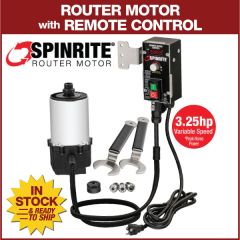 SpinRite Router Motor with Remote Control shown with included collets and wrenches. Inset of router installed in table.
