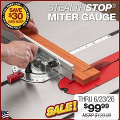 cutting 45° miter on molded frame stock with StealthStop Miter Gauge.
