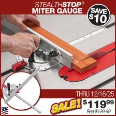 cutting 45° miter on molded frame stock with StealthStop Miter Gauge.