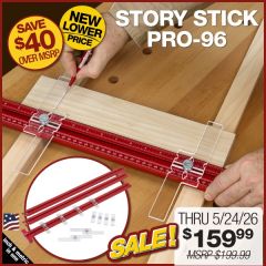 Using the offset tabs on the Story Stick Pro to mark interval dimensions on a plywood sheet, referencing the end with the stop. 