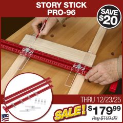 Using the offset tabs on the Story Stick Pro to mark interval dimensions on a plywood sheet, referencing the end with the stop. 