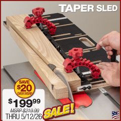 Taper Sled in use with 2" thick table leg at end of completed cut. 
