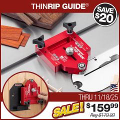 ThinRip Guide mounted in table saw with sample work surrounding it.