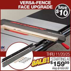 48" Versa-Fence attached to SawStop table saw fence. Maple board in process of being ripped along fence.