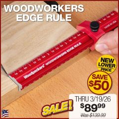 Woodpeckers Edge Rule resting on the edge of a square board, meaning you can mark both face and edge. 
