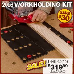 Cutting a domino in the end of a workpiece while using the 2096 Workholding kit to secure the workpiece.