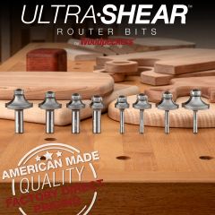 Radius profiles of 1/8", 1/4", 3/8" and 1/2" are available in 1/2" and 1/4” shank. 
