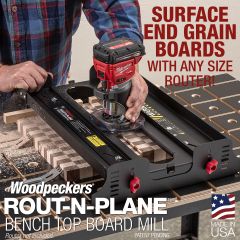 Rout-N-Plane Bench Top Board Mill in use with palm router surfacing an end grain cutting board.