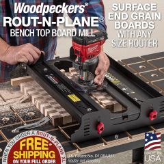 Rout-N-Plane Bench Top Board Mill in use with palm router surfacing an end grain cutting board.