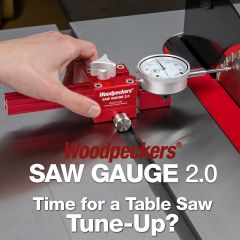 Saw Gauge 2.0 measuring gap between miter slot and saw blade at rear of blade.