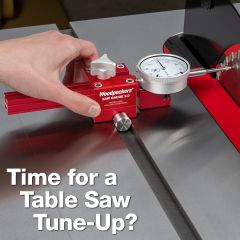 Saw Gauge 2.0 measuring gap between miter slot and saw blade at rear of blade.