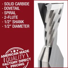 2-Flute, 1/2" Shank, 1/2" Diameter, Solid Carbide Spiral Dovetail Bits