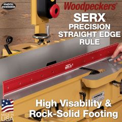 36" SERX Straight Edge Rule on jointer. Feeler gauge in use to determine parallelism of infeed table to outfeed table. 
