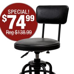 Stool seat adjusts from 29" up to 34" in height.
