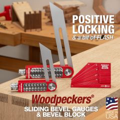 Sliding Bevel Gauges and Bevel Block with headline: Positive Locking and a bit of Flash