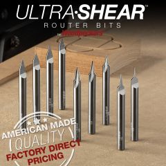 Ultra-Shear Solid Carbide Engraving Bits displayed on bed of CNC router with finished Celtic Knot.