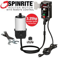 SpinRite Router Motor with Remote Control shown with included collets and wrenches. Inset of router installed in table.
