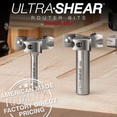 Ultra-Shear Carbide Insert Spoilboard Bits in 1/4" and 1/2" Shank with logo and text
