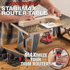 StabilMaxRT Router Table in use with flush trim bit and template taped to material.