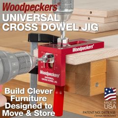 Photograph showing the cross dowel jig with drills in both faces, drilling to fit a cross dowel joint. 