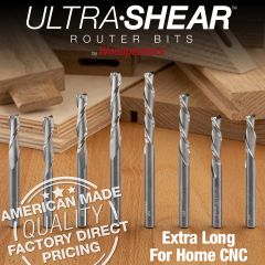 Ultra-Shear Solid Carbide Spiral router bit, 1/4" diameter, in use on large commercial CNC router.
