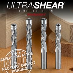 3-Flute Flush Trim Bits in 1-1/2" and 2" Cutting Lengths displayed with finished cuts.