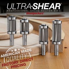 4-Flute Alternating-Shear Pattern and Flush Trim Bits posed with finished pattern routing projects.