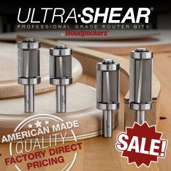 4-Flute Alternating-Shear Pattern and Flush Trim Bits posed with finished pattern routing projects.