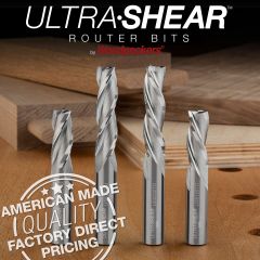 Ultra-Shear Solid Carbide 3-Flute Spiral router bit, 1/2" diameter, in use on large commercial CNC router.